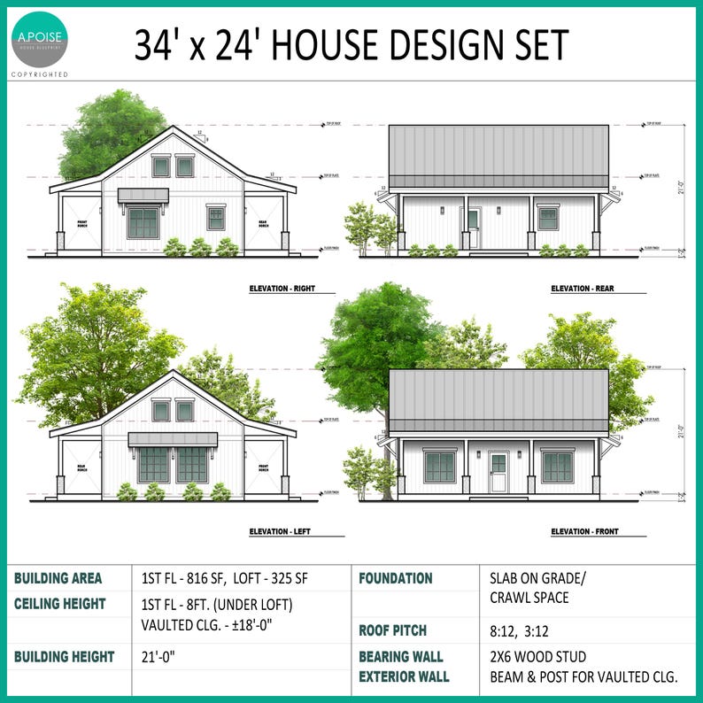May include: A 34' x 24' house design set featuring architectural elevations for the right, rear, left, and front views. The document includes technical specifications for building area, ceiling height, foundation, roof pitch, and wall construction.