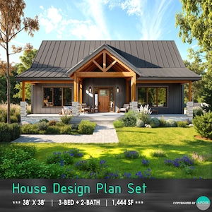 3Bed House Plans Farmhouse Design 38'x38' House Plan Set - Custom Cabin Plans 1,444SF Cottage House Blueprint PDF