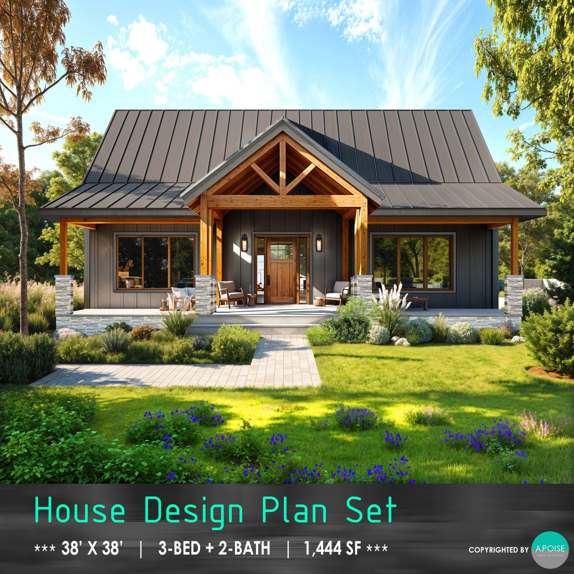 3Bed House Plans Farmhouse Design 38'x38' House Plan Set - Custom Cabin Plans 1,444SF Cottage House Blueprint PDF