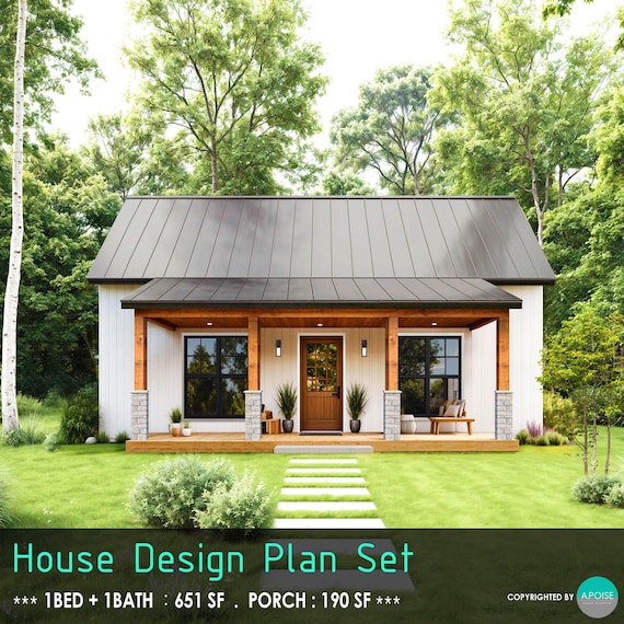 31'x21' Tiny House Plans 1Bed 1Bath - House Floor Plan - Custom Home Design 651SF Farmhouse Cabin Blueprint (PDF Download)