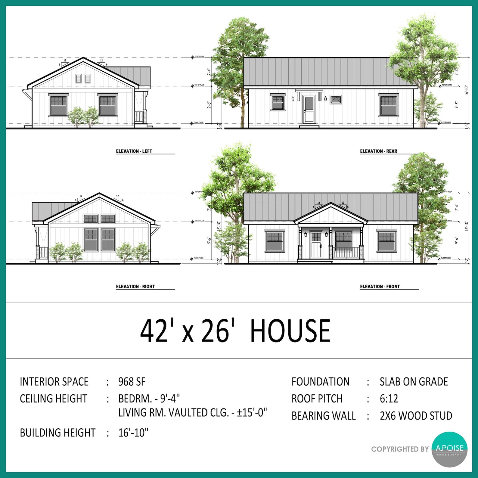 42'x26' Modern 2-bedroom ADU House Plan: 968 SF Cabin Blueprint (PDF ...