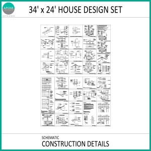 May include: A 34' x 24' house design set featuring schematic construction details. The document displays numerous black and white technical architectural drawings, cross-sections, and structural diagrams organised in a grid layout with text.
