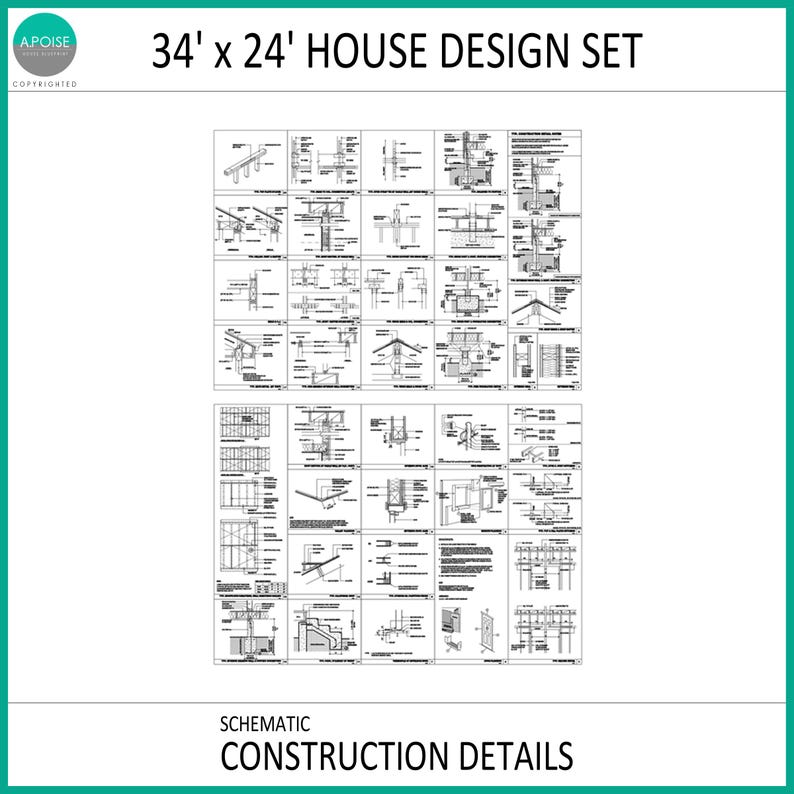 May include: A 34' x 24' house design set featuring schematic construction details. The document displays numerous black and white technical architectural drawings, cross-sections, and structural diagrams organised in a grid layout with text.