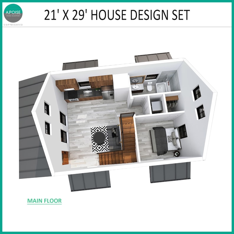 May include: A 21' x 29' house design set floor plan showing a main floor layout with a kitchen, living area, bathroom, and bedroom. The interior features light wood flooring, a dark sofa with a patterned rug, and a bed with dark bedding.