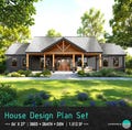 3Bed 2Bath Ranch Farmhouse Plans Blueprint - 56'x27' 1500 SF House Design Plan. Cottage Custom Home Building PDF House with Office