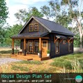 Cabin House Plans with Loft 21'x29' House Plan Set - Custom Tiny House 757SF Cabin House Blueprint, Black and Cedar Wood