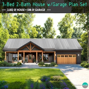Könnte beinhalten: Ein moderner Hausplan mit dunkler Fassade, Metalldach und Holztor. Der Text oben lautet "3-Bed 2-Bath House w/Garage Plan Set" und "2.052 sq ft HOUSE + 548 sq ft GARAGE". Das Haus hat eine Veranda und ist von grünem Gras und Bäumen umgeben.