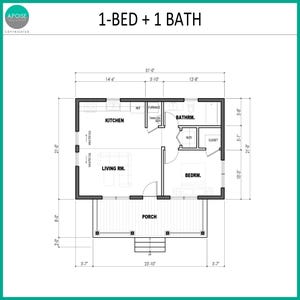 May include: A black and white architectural floor plan labelled 1-BED + 1 BATH. The layout includes a kitchen, living room, bedroom, bathroom, closet, and porch with specific dimensions in feet and inches marked throughout the technical drawing.