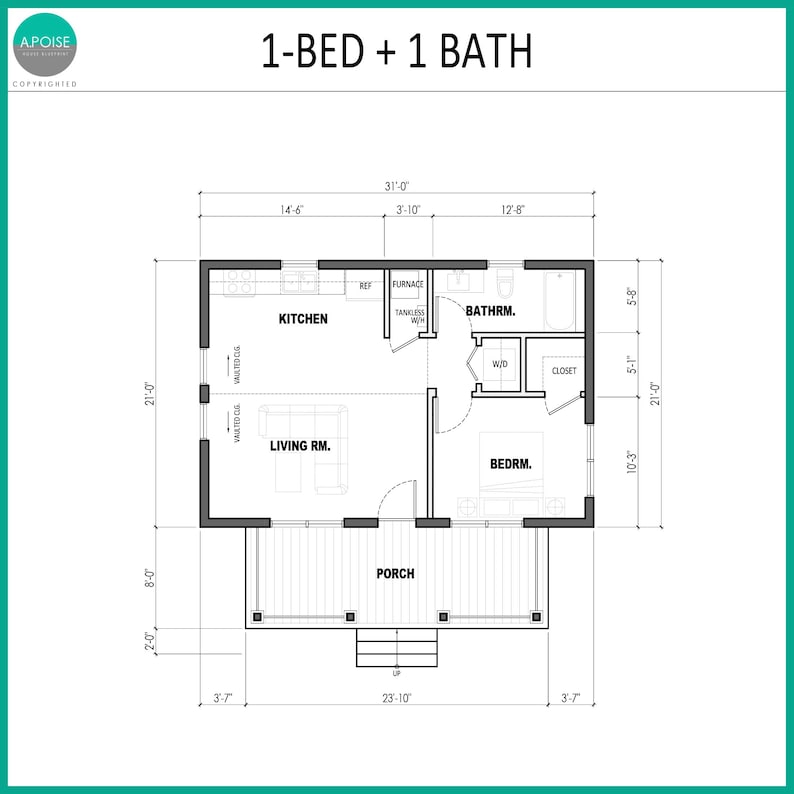 May include: A black and white architectural floor plan labelled 1-BED + 1 BATH. The layout includes a kitchen, living room, bedroom, bathroom, closet, and porch with specific dimensions in feet and inches marked throughout the technical drawing.
