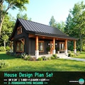 34'x24' Modern Farmhouse Blueprint 1Bed 1.5Bath Small House Architectural Plan - Loft Cabin Floor Plans (PDF Download)