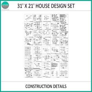 May include: A black and white architectural house design set titled 31' X 21' HOUSE DESIGN SET, featuring numerous technical construction details, structural diagrams, and cross-section drawings organised in a grid layout on a white background.