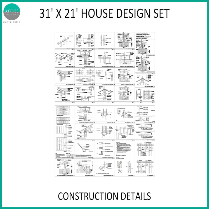 May include: A black and white architectural house design set titled 31' X 21' HOUSE DESIGN SET, featuring numerous technical construction details, structural diagrams, and cross-section drawings organised in a grid layout on a white background.