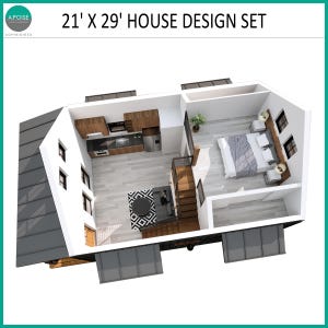 May include: A 21' x 29' house design set featuring an overhead floor plan view. The layout includes a kitchen with wood cabinets, a living area with a round table and rug, a staircase, and a bedroom with a bed and nightstands on a loft level.