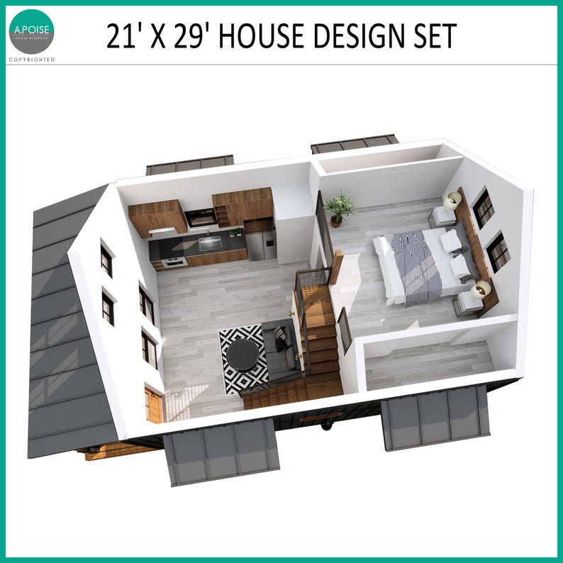 May include: A 21' x 29' house design set featuring an overhead floor plan view. The layout includes a kitchen with wood cabinets, a living area with a round table and rug, a staircase, and a bedroom with a bed and nightstands on a loft level.