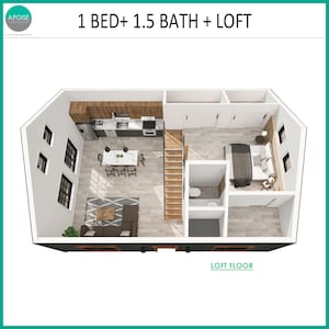 May include: A floor plan illustration labelled 1 BED+ 1.5 BATH + LOFT showing a living area, kitchen with island, staircase, bedroom, and bathroom. The layout features light wood flooring, dark cabinetry, and a loft floor indicator at the bottom.