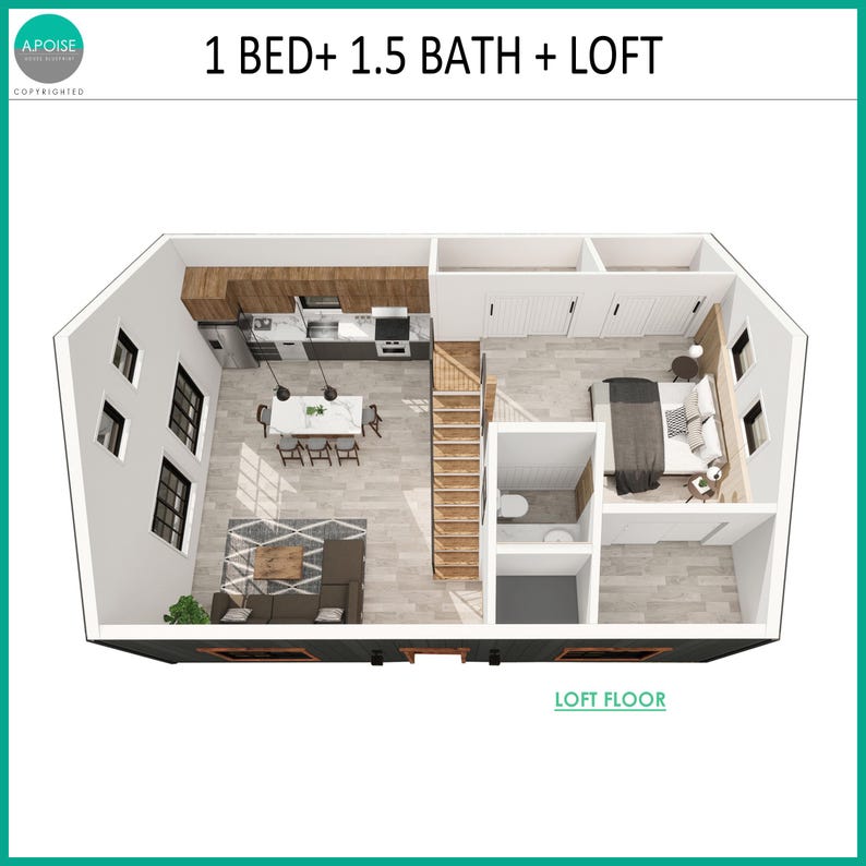 May include: A floor plan illustration labelled 1 BED+ 1.5 BATH + LOFT showing a living area, kitchen with island, staircase, bedroom, and bathroom. The layout features light wood flooring, dark cabinetry, and a loft floor indicator at the bottom.