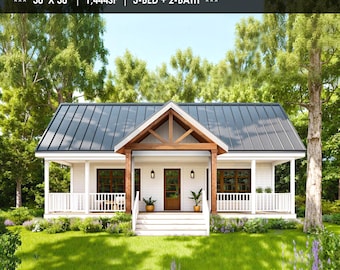 3bed 2bath House 38&#39;x38&#39; Modern Farmhouse Plan - Small House Plan Blueprint - Custom 1,444SF Ranch Cottage House