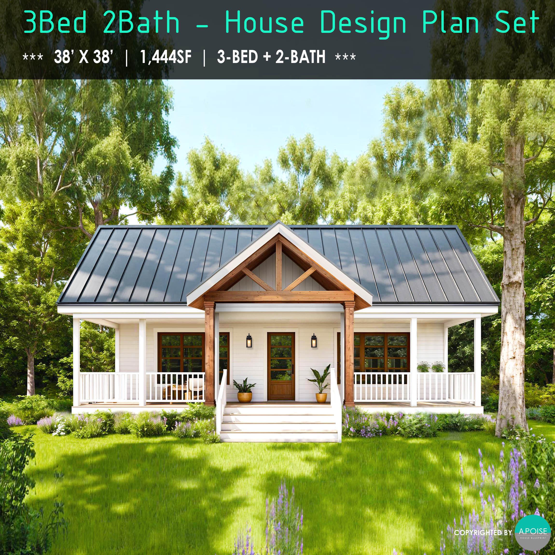 3bed 2bath House 38'x38' Modern Farmhouse Plan - Small House Plan Blueprint - Custom 1,444SF Ranch Cottage House