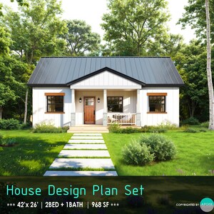 42 x 26 'plattegronden kleine woning 968SF 2 slaapkamers en 1 badkamer moderne hutplannen - Ontwerpplannen voor een huis op maat