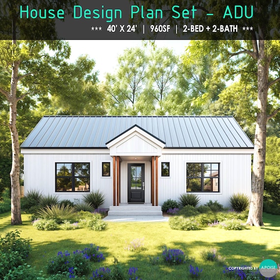 40'x24' Small House plan 960SF 2 Bedroom 2 Bath ADU Floor Plans Blueprint - Custom Design Home (PDF Download)