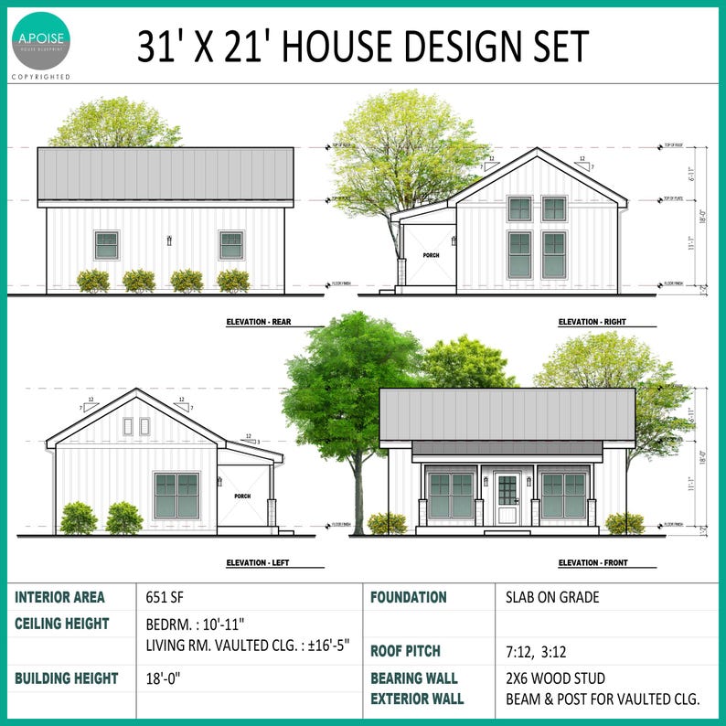 Puede incluir: Un conjunto de dise&ntilde;o de casa de 31' x 21' que presenta elevaciones arquitect&oacute;nicas para los lados frontal, trasero, izquierdo y derecho. El documento incluye especificaciones t&eacute;cnicas para un interior de 651 pies cuadrados y 18' de altura.