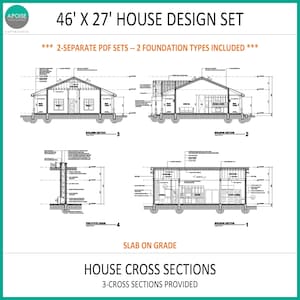 May include: A 46' x 27' house design set featuring three black and white architectural cross sections on a white background. The document includes text labels for building sections, a fire stove chase, and notes on two separate PDF sets and foundation types.