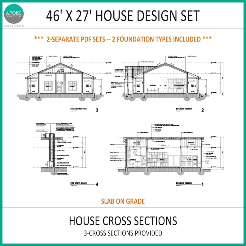 May include: A 46' x 27' house design set featuring three black and white architectural cross sections on a white background. The document includes text labels for building sections, a fire stove chase, and notes on two separate PDF sets and foundation types.