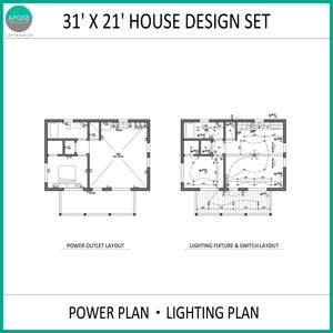 Puede incluir: Un conjunto de dise&ntilde;o de casa de 31' x 21' que incluye un plano de tomas de corriente y un plano de iluminaci&oacute;n e interruptores. Los planos arquitect&oacute;nicos muestran l&iacute;neas negras sobre fondo blanco detallando la instalaci&oacute;n el&eacute;ctrica.