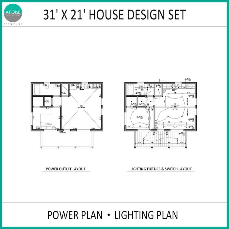 Puede incluir: Un conjunto de dise&ntilde;o de casa de 31' x 21' que incluye un plano de tomas de corriente y un plano de iluminaci&oacute;n e interruptores. Los planos arquitect&oacute;nicos muestran l&iacute;neas negras sobre fondo blanco detallando la instalaci&oacute;n el&eacute;ctrica.