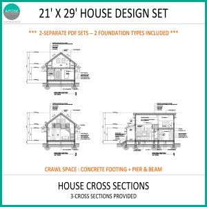 May include: A 21' x 29' house design set featuring three black and white architectural cross sections. The document includes two separate PDF sets with two foundation types, crawl space, concrete footing, and pier and beam details.