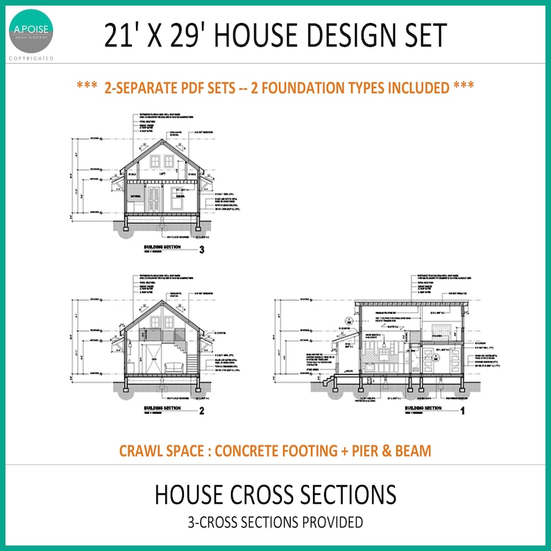 May include: A 21' x 29' house design set featuring three black and white architectural cross sections. The document includes two separate PDF sets with two foundation types, crawl space, concrete footing, and pier and beam details.