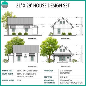 May include: A 21' x 29' house design set featuring architectural elevations for the left, rear, right, and front views. The document includes technical specifications for interior area, ceiling height, building height, foundation, roof pitch, and wall construction details.