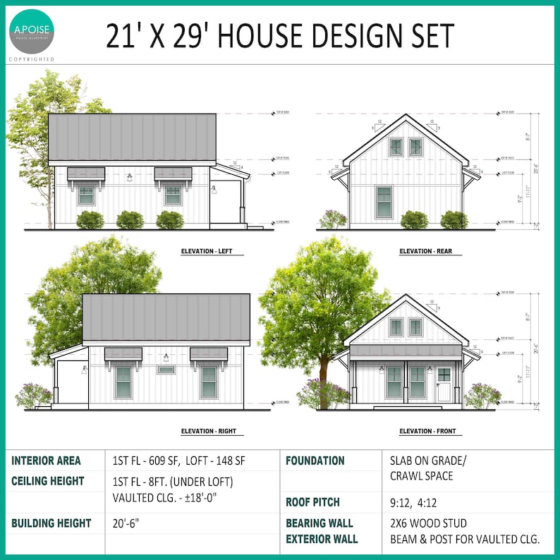 May include: A 21' x 29' house design set featuring architectural elevations for the left, rear, right, and front views. The document includes technical specifications for interior area, ceiling height, building height, foundation, roof pitch, and wall construction details.