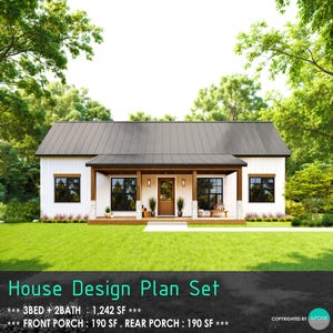 46&#39;x27&#39; Farmhouse Plans 3bed 2bath House Blueprint W/Porch House Design Building Plans - Custom House 1,242SF Cabin House Blueprint