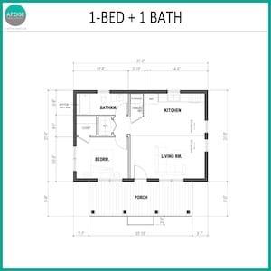 Puede incluir: Un plano arquitect&oacute;nico en blanco y negro etiquetado como 1-BED + 1 BATH, que muestra un dormitorio, ba&ntilde;o, cocina, sala de estar y porche. El dise&ntilde;o incluye dimensiones detalladas en pies y pulgadas, indicando paredes, puertas y etiquetas.