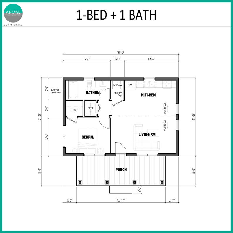 Puede incluir: Un plano arquitect&oacute;nico en blanco y negro etiquetado como 1-BED + 1 BATH, que muestra un dormitorio, ba&ntilde;o, cocina, sala de estar y porche. El dise&ntilde;o incluye dimensiones detalladas en pies y pulgadas, indicando paredes, puertas y etiquetas.