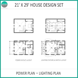 May include: A 21' x 29' house design set featuring a power plan and lighting plan. The document includes four architectural floor plan diagrams detailing power outlet layouts and lighting fixture and switch placements for a residential building structure.