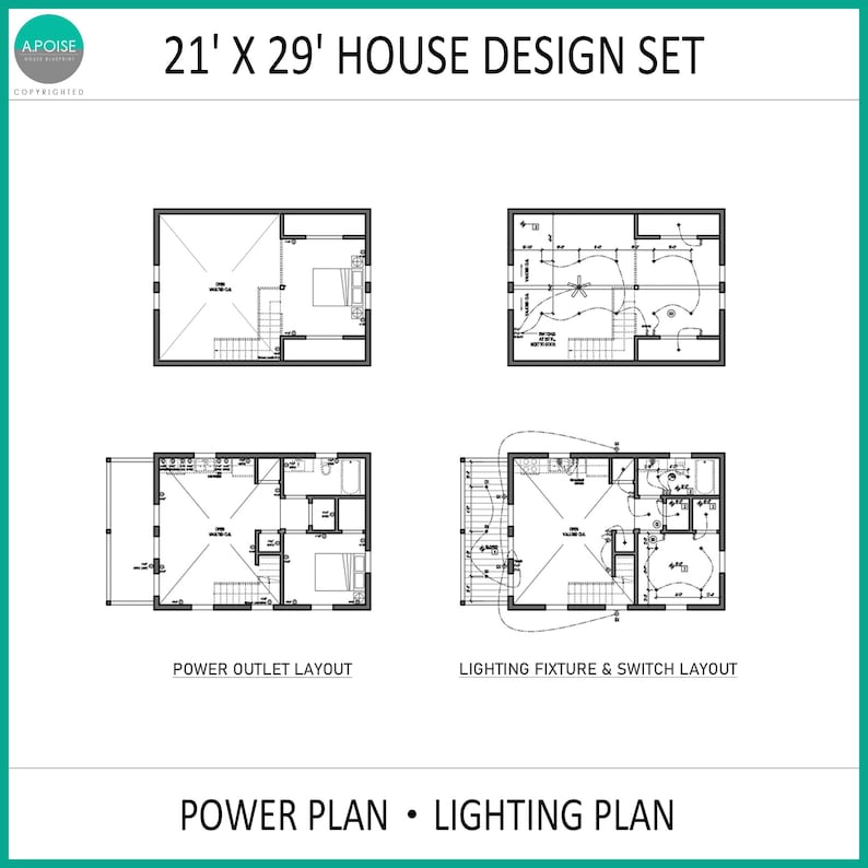 May include: A 21' x 29' house design set featuring a power plan and lighting plan. The document includes four architectural floor plan diagrams detailing power outlet layouts and lighting fixture and switch placements for a residential building structure.