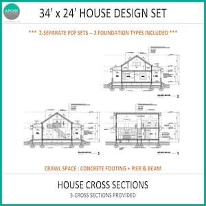 May include: A 34' x 24' house design set featuring three black and white architectural cross-section drawings. The document includes two separate PDF sets with two foundation types, specifically crawl space, concrete footing, and pier and beam.