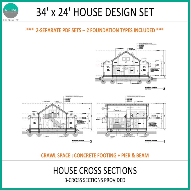 May include: A 34' x 24' house design set featuring three black and white architectural cross-section drawings. The document includes two separate PDF sets with two foundation types, specifically crawl space, concrete footing, and pier and beam.
