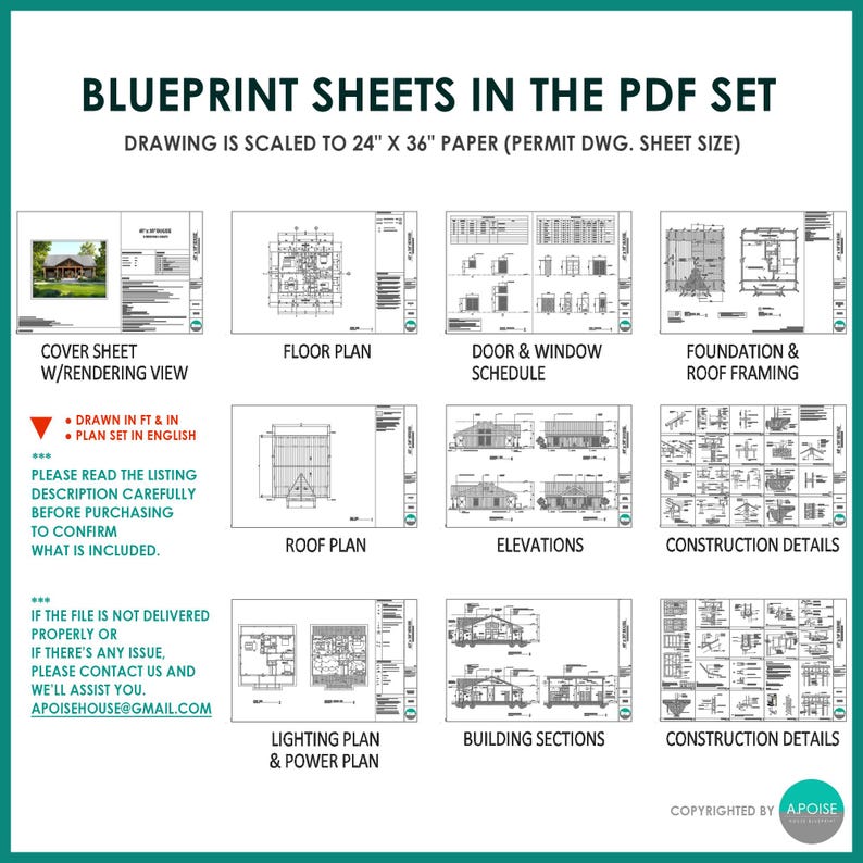 40'x30' 1,200SF Farmhouse Blueprint 2Bed 2Bath Small House Design Architectural Plan - Modern House Floor Plans (PDF Download) image 5