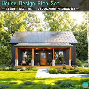 33'x21' Small House Plans 1Bedroom - Modern Farmhouse - Cabin Plans (PDF Download)