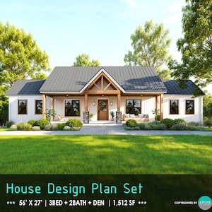 House Plans 3Bedroom 2Bath Farmhouse Design Plans - 56&#39; x 27&#39; Custom 1,512SF Modern Ranch House Blueprint