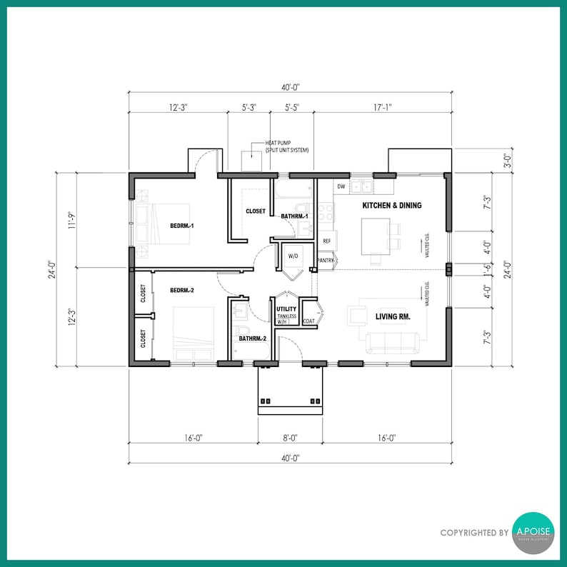 960 SF ADU House Plans – 2 Bed 2 Bath, Modern Small Home (PDF) image 2