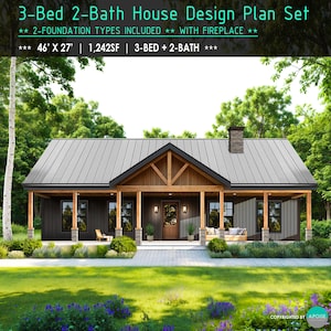 46'x27' 3bed 2bath - 1,242SF Farmhouse Plans Small House - Custom Home Floor Plan Cottage House Blueprint (PDF Download)