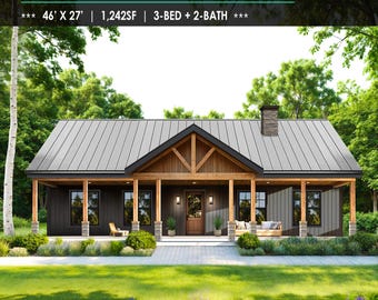 46'x27' 3bed 2bath - 1,242SF Farmhouse Plans Small House - Custom Home Floor Plan Cottage House Blueprint (PDF Download)