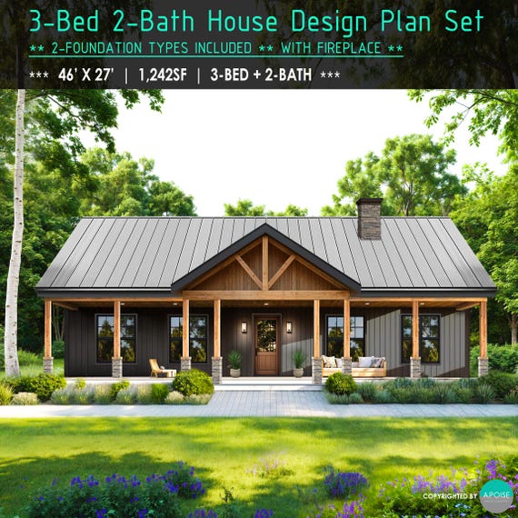 46'x27' 3bed 2bath - 1,242SF Farmhouse Plans Small House - Custom Home Floor Plan Cottage House Blueprint (PDF Download)