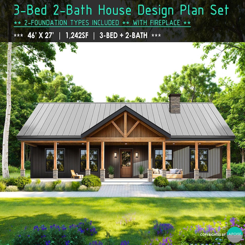 May include: A house design plan set for a 3-bed, 2-bath home measuring 46' x 27' with 1,242SF. The rendering shows a single-story house with a gray metal roof, dark vertical siding, a wooden front porch, and a stone chimney.