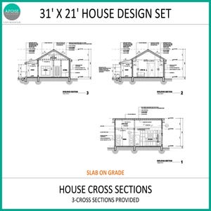 Puede incluir: Un conjunto de dise&ntilde;o de casa de 31' x 21' que presenta tres secciones de construcci&oacute;n arquitect&oacute;nica en blanco y negro sobre un fondo blanco. El documento incluye secciones transversales detalladas etiquetadas 1, 2 y 3, con anotaciones t&eacute;cnicas.