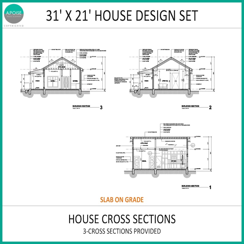 Puede incluir: Un conjunto de dise&ntilde;o de casa de 31' x 21' que presenta tres secciones de construcci&oacute;n arquitect&oacute;nica en blanco y negro sobre un fondo blanco. El documento incluye secciones transversales detalladas etiquetadas 1, 2 y 3, con anotaciones t&eacute;cnicas.
